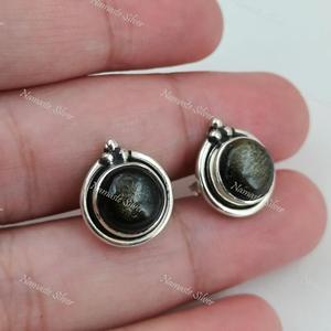 Boucles d'oreilles en obsidienne dorée, tiges en argent sterling 925, bijoux faits à la main - Product Image 2