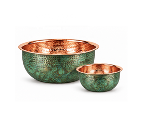 Juego de tazones para pedicura y manicura de cobre martillado con acabado en pátina verde e interior brillante, tazón redondo para spa de pies - Product Image 1