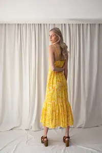 Recién llegado amarillo 100% algodón estampado Midi longitud Maxi vestido sin mangas playa vestido bohemio para mujer - Product Image 5