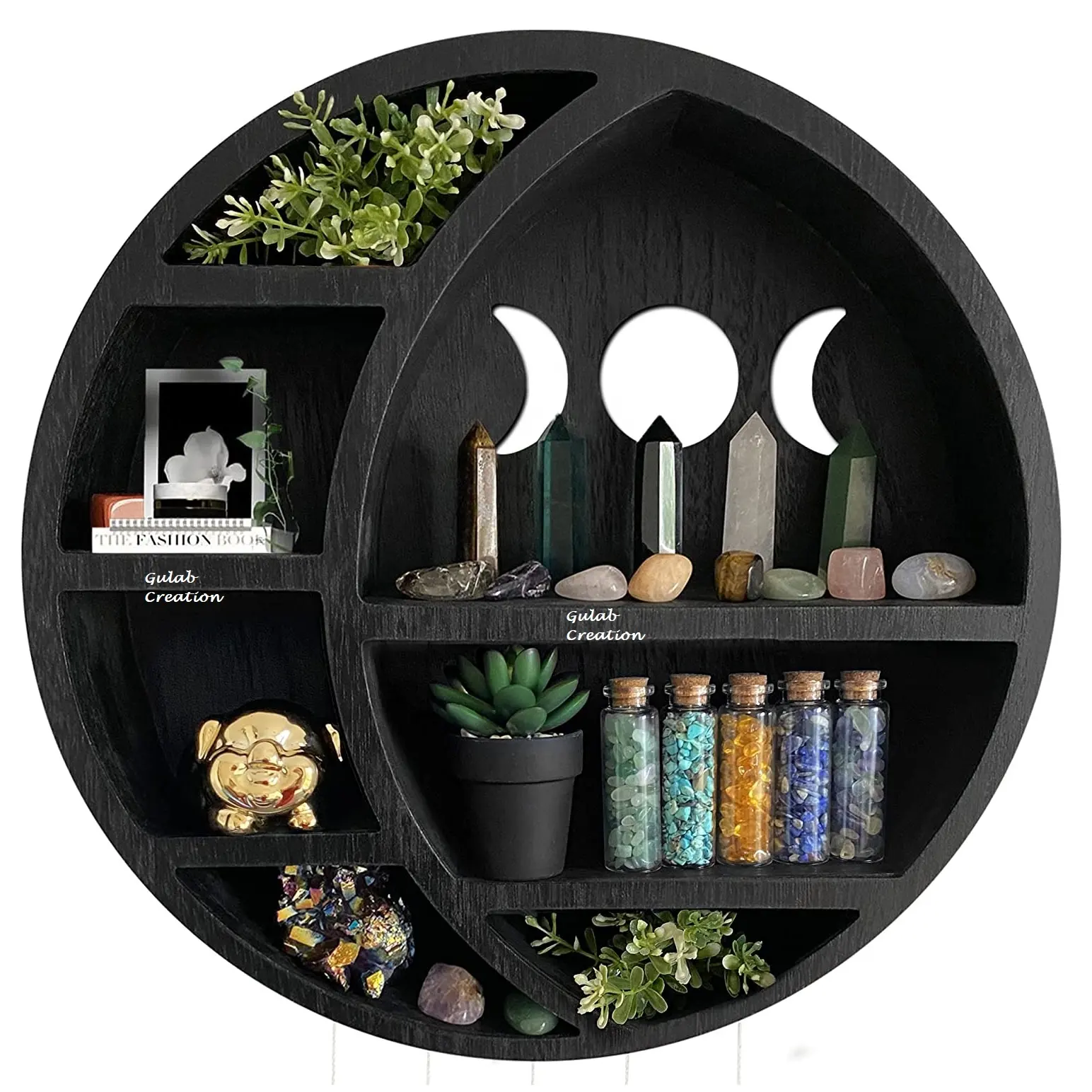 High Quality Bedroom Storage Decorative wooden Black Crescent Full Moon Shelf for Crystals