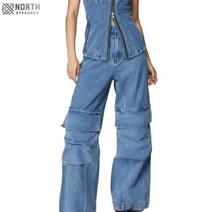 Jeans cargo droits décontractés en denim respirant de qualité supérieure, coupe classique, sur mesure, vente en gros 2025, pour femmes, grande taille, couleur contrastée, hiver - Product Image 5
