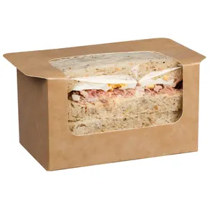 Compostable Heat seal kraft square sandwich cut box bloomer bread container with window