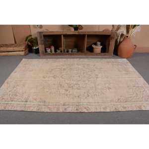 Vintage Turkish Rug Large Area 5.2 X 8.3ft Beige Green Wool Latex Backing Patchwork for Teenagers Rectangular Hallway Room Rug - Product Image 4