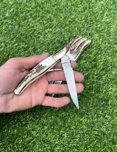 High Quality Stainless Steel Damascus Folding Pocket Knife Laguiole Style Stag Horn Handle Straight <b>Drop</b> Point Blade 19cm - Product Image 5