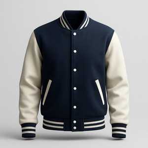 Chaqueta Varsity Azul Marino para Hombre con Mangas de Cuero Crema, Cierre de Botones, Estilo Preppy, Ropa de Otoño - Product Image 1