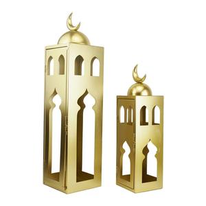 Elegant <b>Gold</b> Metal Ramadan Lantern Set with Crescent Moon Top Tall Slim Design LED <b>Candle</b> Glow for Luxury Festive Home Decor - Product Image 2
