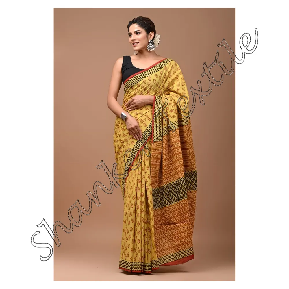 Saree Mulheres Mulmul Hand Block Print Algodão Mulmul Saree Com Peça Blusa Sem Costura New Bollywood Designer Jaipuri Fancy