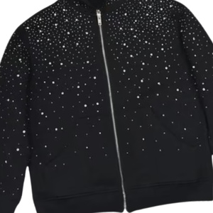 Sweat à capuche unisexe noir avec fermeture éclair, style streetwear oversize, design scintillant en cristal, luxe, coton lourd, veste de mode d'automne - Product Image 2