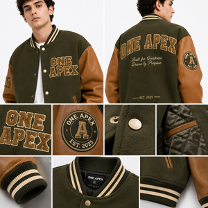 Custom <b>Men's</b> Olive Green Varsity <b>Jacket</b> Wool Body PU Leather Sleeves Chenille Embroidery Letterman <b>Baseball</b> <b>Jacket</b> OEM - Product Image 3