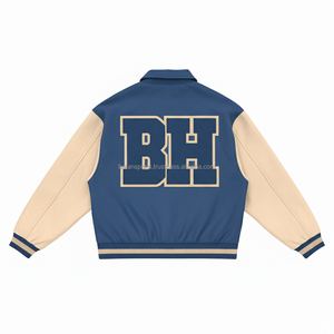 Chaqueta universitaria GSM 420 de mezcla de lana Premium, cuerpo azul, mangas Beige, logotipo bordado de chenilla personalizado, chaquetas universitarias para mujer - Product Image 2