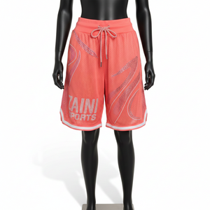 กางเกงบาสเก็ตบอลหญิง 170 GSM ผ้าโพลีเอสเตอร์ตาข่ายระบายอากาศอย่างดี สีชมพูคอรัล ประดับด้วยคริสตัลแบบรีดร้อน พร้อมโลโก้สั่งทำพิเศษ - Product Image 6