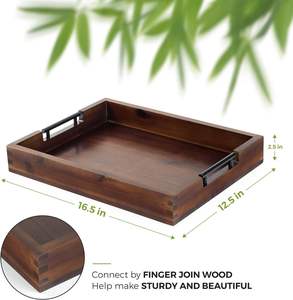 Plateau ottoman en bois d'acacia fait à la main poignées en métal fabricant de stockage décoratif rustique aliments boissons petit déjeuner fabricant indien - Product Image 2