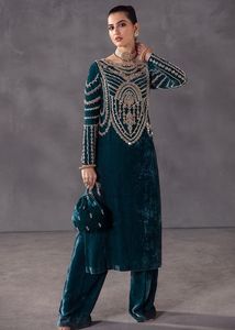 ใหม่สไตล์ยาว KURTA & SALWAR บนผ้ากำมะหยี่ประดับลูกปัดแก้วคริสตัลสวยงาม DABKA ทำงานสำหรับงานปาร์ตี้-สวมใส่ @ 2022 - Product Image 2