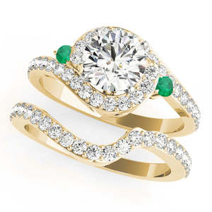 Ensemble de mariage Halo Swirl en or jaune 14 carats, émeraude et diamant (0,77 ct), style religieux vintage pour fiançailles et anniversaire - Product Image 4