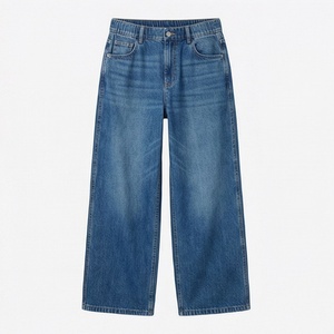 <b>Women's</b> Summer Mid Vintage <b>Jeans</b> Pockets <b>Elastic</b> <b>Waist</b> Wide Leg Denim Pants Straight Wash Breathable Loose Fit Casual Style - Product Image 1