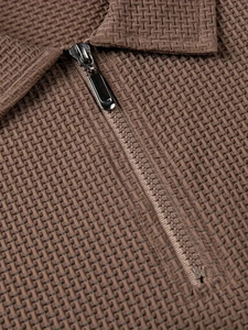 Men's Brown Waffle Knit Short Sleeve Polo Shirt With Zipper Casual Style Regular Fit Solid Color - Product Image 2