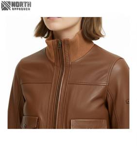 แจ็กเก็ตหนัง Nappa แกะหรูหราสำหรับผู้หญิงฤดูใบไม้ร่วงฤดูหนาวมีซิปกระเป๋าด้านหน้าระบายอากาศปรับแต่งได้ - Product Image 4