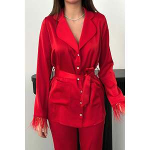 Conjunto de Dos Piezas de Satén con Borlas Rojas - Rojo - Product Image 4