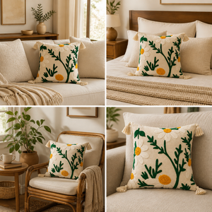 Coussin décoratif brodé à la main en coton avec motif floral, insert inclus, motif marguerite blanche avec pompons pour salon - Product Image 4