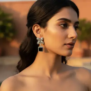 18K Gold Plated 925 <b>Silver</b> Flower <b>Drop</b> <b>Earrings</b> with Black Stone Women's Jewelry for Weddings & Parties - Product Image 3