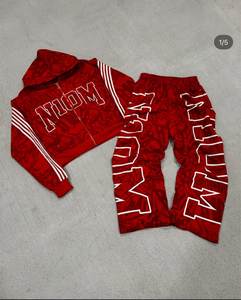 Ensemble survêtement femme sur mesure, sweat à capuche court effet usé, pantalon de jogging large, streetwear, ensemble deux pièces zippé - Product Image 2