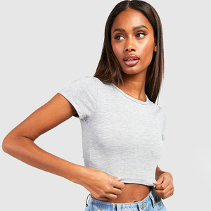 Vente en gros femmes gris couleur 100% coton vierge col rond longueur courte t-shirt à vendre par Sportar International - Product Image 4