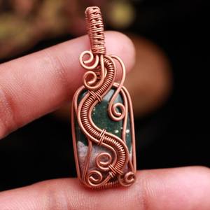 Handmade Natural Ocean Jasper Pendant <b>Copper</b> Wire Wrapped Gemstone Jewelry Link <b>Chain</b> Pear Shape Bezel Setting Women's Antique - Product Image 4