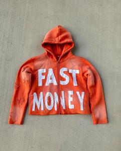 Sudadera con Capucha y Cremallera Completa con Estampado de Estrella de Dinero Rápido para Hombre, Ropa Urbana, Sudadera Extra Grande con Pintura en Aerosol, Sudadera Vintage con Lavado Desgastado - Product Image 3