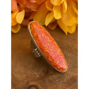 Patrick Yazzie Orange <b>Opal</b> Sterling Silver <b>Ring</b> Size 6 Bezel Set Cushion Cut Micron <b>Gold</b> Plated Animal Pattern Everyday Wear - Product Image 3
