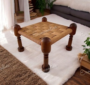 Console en bois Khaat de style indien moderne fabriquée à la main avec tabourets et poufs en incrustation d'os de jute pour salon, jardin dans l'appartement - Product Image 6