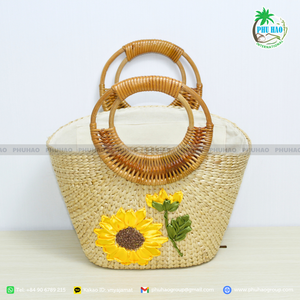 Handwoven Fashion Tote with Bamboo Handles and Linen Insert Chic <b>Accessory</b> for Summer <b>Beach</b> Outings - Product Image 2