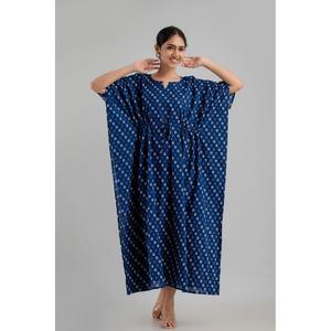 Caftán Maxi con Estampado Floral Azul, Vestido Étnico de Algodón Puro, Tejido Suave y Talla Única - SHKUP1242 - Product Image 1