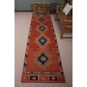 Vintage Turkish Herki <b>Runner</b> Rug 2.8x10.1 ft, <b>Red</b> Moroccan Rug Wool - Product Image 1