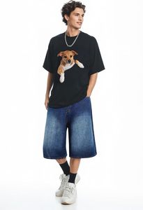 Baggy Jorts taille haute pour hommes Y2K Streetwear coupe ample Hip Hop Skateboard Design Dark Wash Denim Shorts ourlet de cuisse décontracté été - Product Image 6