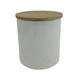Hot Selling Kitchen <b>Storage</b> Iron Round Box With <b>Wooden</b> Lid Coffee Embossed White and Natural Colour <b>Large</b> Size Metal <b>Boxes</b> - Product Image 1
