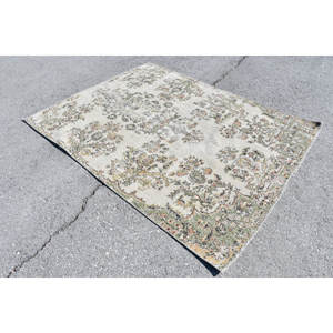 Tapis turc Vintage Beige Vert 5.4 X 6.7ft fait à la main en laine grande surface Patchwork Design rectangulaire couloir Latex pour la décoration de la chambre - Product Image 3