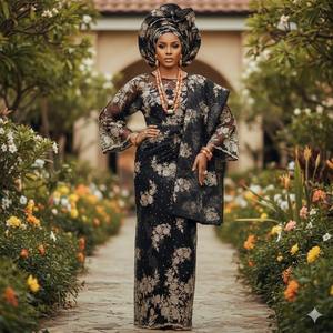 Collection Empress, tissu en dentelle filet traditionnel luxueux, motif floral monochrome doré, tenue de cérémonie de fiançailles - Product Image 2