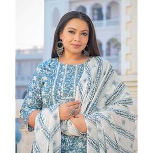 ชุด anarkali kurta พิมพ์ลายดอกไม้พร้อมกางเกงและชุด dupatta สีฟ้า - Product Image 4