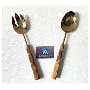 Premium Quality 18 8 Stainless Steel Salad Server Set With Wood Handle Kitchen Utensils <b>Gold</b> Plated Salad <b>Spoon</b> Fork Salad Tools - Product Image 2