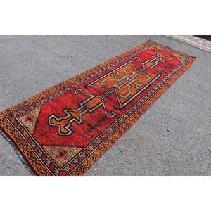 3.4x10.7 ft Vintage Rug, Turkish <b>Runner</b> Rug, <b>Red</b> Orange Floral Rug - Product Image 2