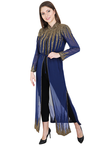 Robe musulmane élégante et modeste pour femmes, en crêpe à paillettes, nouveau design, Dubaï, Turquie, islamique, ouverte devant, kaftan abaya, perles à la main - Product Image 2