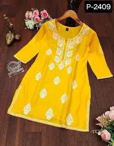 Most Beautiful Women Wear Simple Rayon Kurtis With Fancy Embroidery Work Short Kurtis Indian Salwar Kameez Suit for Wedding Wear - Product Image 5