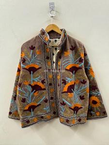 Poncho Bohème en Coton Brodé à Col Mandarin, Manches Longues, Motif Floral, Vêtement d'Automne pour Femme - Product Image 1