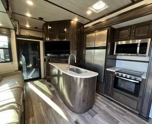 Modern Used 2021 Dutchmens Voltage 3615 Travel <b>Trailer</b> with 8 Person Capacity and Independent Suspension Ready to Ship - Product Image 3