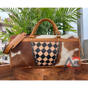 Custom Multifunction Large Capacity Checkered Design <b>Hand</b> <b>Tooled</b> Leather Duffle Bag Genuine Hair-On Leather Travel Outdoors Bags - Product Image 1
