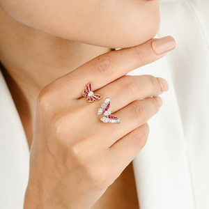 El más hermoso y lujoso rubí real y Diamante doble mariposa anillo abierto boda y fiesta desgaste 18K oro rosa precio bajo - Product Image 4