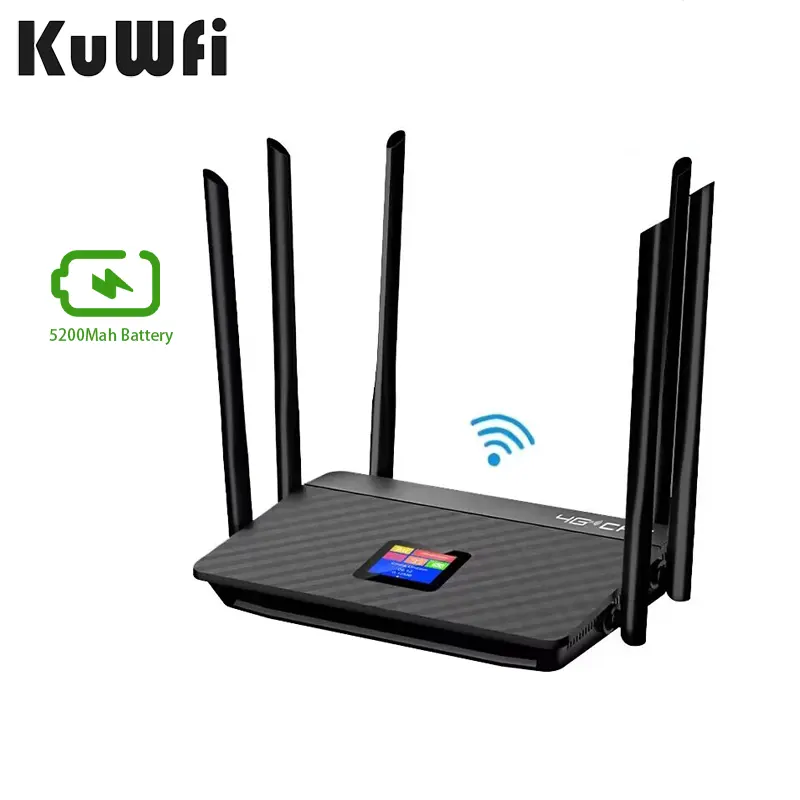KuWFi Router CPE 5200mAh 4G LTE, Router nirkabel dengan tampilan LCD 4G 300Mbs mendukung kartu SIM 2.4GHz frekuensi