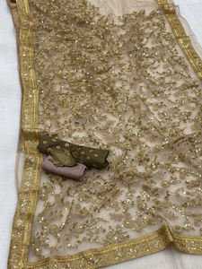 Mono pesado con bordado de red para mujer, saree de color dorado con blusa bordada pesada, pieza para mujer, trabajo de secuencia, saree con blusa - Product Image 2