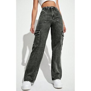 Pantalon cargo en jean gris tendance Y2K pour femme, coupe ample, taille haute, extensible, multipoches, style décontracté urbain, tailles 26 à 40 - Product Image 3