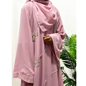 Traditional Muslim Modest Wear Beautifully Embroidered <b>Pink</b> Nida Abaya Dubai Jilbab Hot Selling Khimar <b>Burka</b> by WS International - Product Image 4